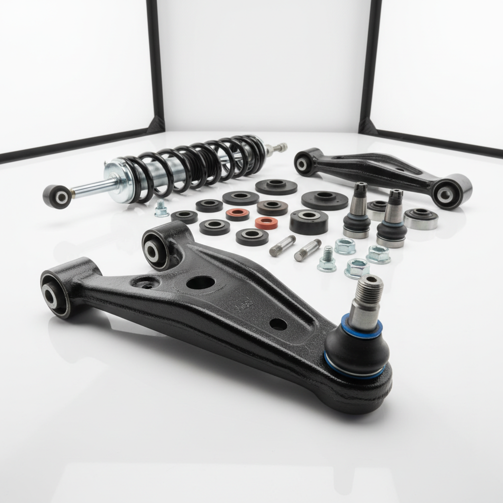 A classic Mercedes W108 front suspension assembly laid out on a spotless white studio surface, including OEM control arms, ball joints, bushings, and a gleaming shock absorber, each positioned with deliberate spacing. Subtle reflections on the painted and plated metal finishes emphasize authenticity and precision. Neutral, softbox studio lighting from two sides eliminates harsh reflections while defining form and texture. The camera is positioned at a low three-quarter angle, focusing sharply on the nearest control arm while the rest gradually softens into mild bokeh, creating depth. The atmosphere is technical, clean, and authoritative, perfect for highlighting specialist knowledge in classic Mercedes chassis parts.