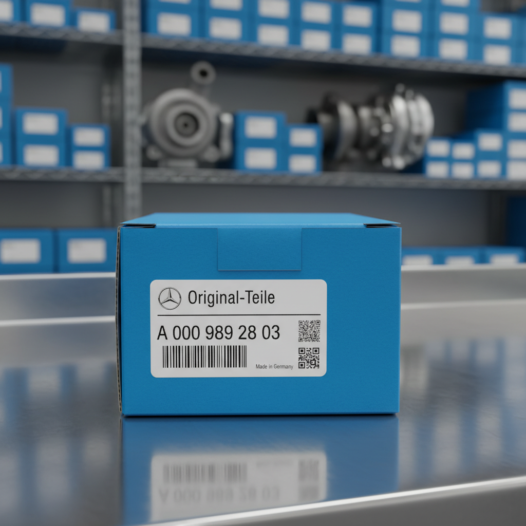 A detailed close-up in photographic realism of a genuine Mercedes parts label adhered to a pristine blue box, with the three-pointed star logo, precise part number, barcode, and “Original-Teile” markings in razor-sharp focus. The box rests on a smooth brushed stainless steel surface, with faint reflections adding sophistication. In the softly blurred background, additional Mercedes boxes and a hint of metallic components suggest a well-stocked inventory. Soft, diffused overhead lighting ensures perfect legibility of every printed character with no glare. The composition uses a tight, centered framing that communicates trust, authenticity, and OEM credibility for a professional parts supplier.