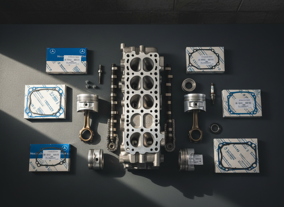A beautifully detailed flat lay of classic Mercedes engine components arranged symmetrically on a smooth, dark grey workshop surface. A freshly machined aluminum cylinder head, polished camshaft, OEM pistons with visible ring grooves, timing chain, and genuine Mercedes gasket sets in branded packaging form a carefully balanced composition. Soft side lighting from the left creates gentle highlights on the metal surfaces and faint shadows that accentuate contours without clutter. The background remains minimal and unobtrusive, allowing part numbers and casting marks to be clearly seen. Photographic realism with a top-down camera angle provides a technical yet refined mood, ideal for a professional, expert parts supplier.