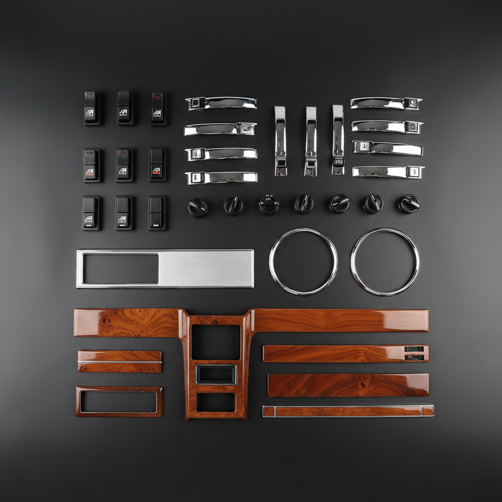 An overhead photographic realism view of a classic Mercedes interior restoration kit neatly arranged on a matte black surface: OEM window switches, chrome interior handles, factory-correct knobs, instrument cluster bezels, and original-style wood trim pieces with high-gloss veneer. Each component is oriented consistently, showcasing textures from polished metal to smooth plastic and rich wood grain. Soft, controlled studio lighting from above highlights the contours and finishes without harsh shadows, contributing to a calm, meticulous atmosphere. The composition is balanced and grid-like, emphasizing precision and completeness, ideal for a professional site specializing in comprehensive OEM interior parts solutions.
