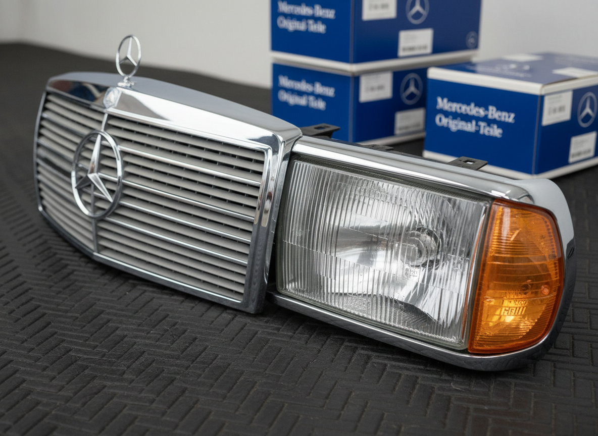 A close-up, photographic realism shot of a pristine classic Mercedes W123 front grille and headlight assembly resting on a spotless black rubber mat. The iconic chrome grille bars gleam with fine reflections, while the amber indicator lens and glass headlight housings show crisp textures and tiny manufacturing details. Behind, neatly stacked genuine Mercedes blue-and-white parts boxes are softly out of focus. Neutral, diffused overhead lighting ensures every edge and surface is clearly visible without harsh glare. Captured from a slightly elevated three-quarter angle, the composition uses the rule of thirds, creating a calm, highly professional atmosphere that emphasizes authenticity and OEM quality.